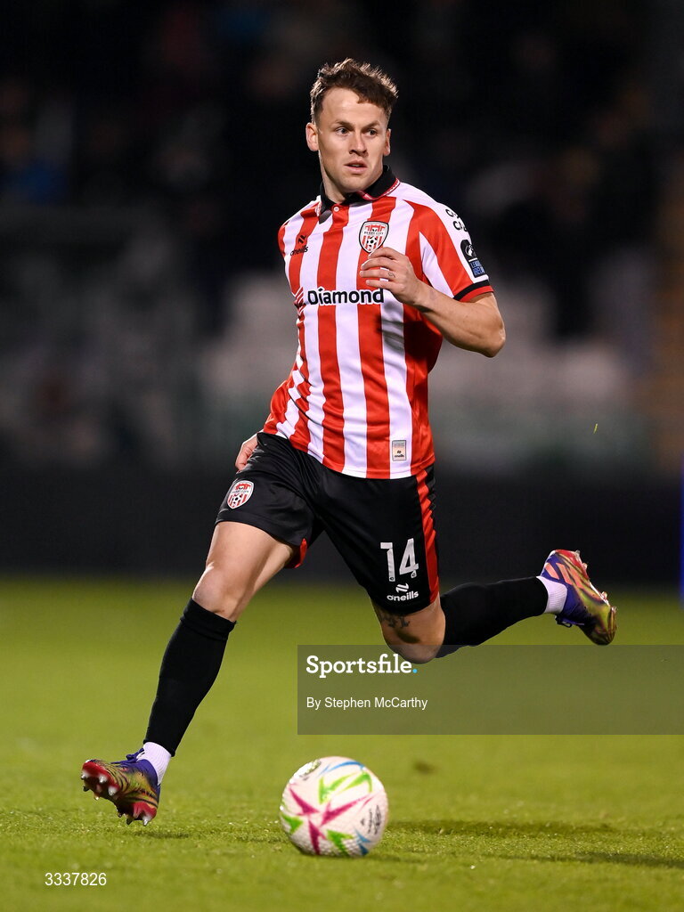 31 January 2026; Ben Doherty of Derry City during the 2026 Men's President's Cup final match between Shamrock Rovers and Derry City at Tallaght Stadium in Dublin. Photo by Stephen McCarthy/Sportsfile