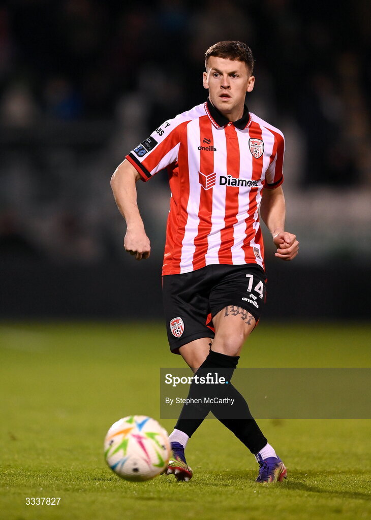 31 January 2026; Ben Doherty of Derry City during the 2026 Men's President's Cup final match between Shamrock Rovers and Derry City at Tallaght Stadium in Dublin. Photo by Stephen McCarthy/Sportsfile