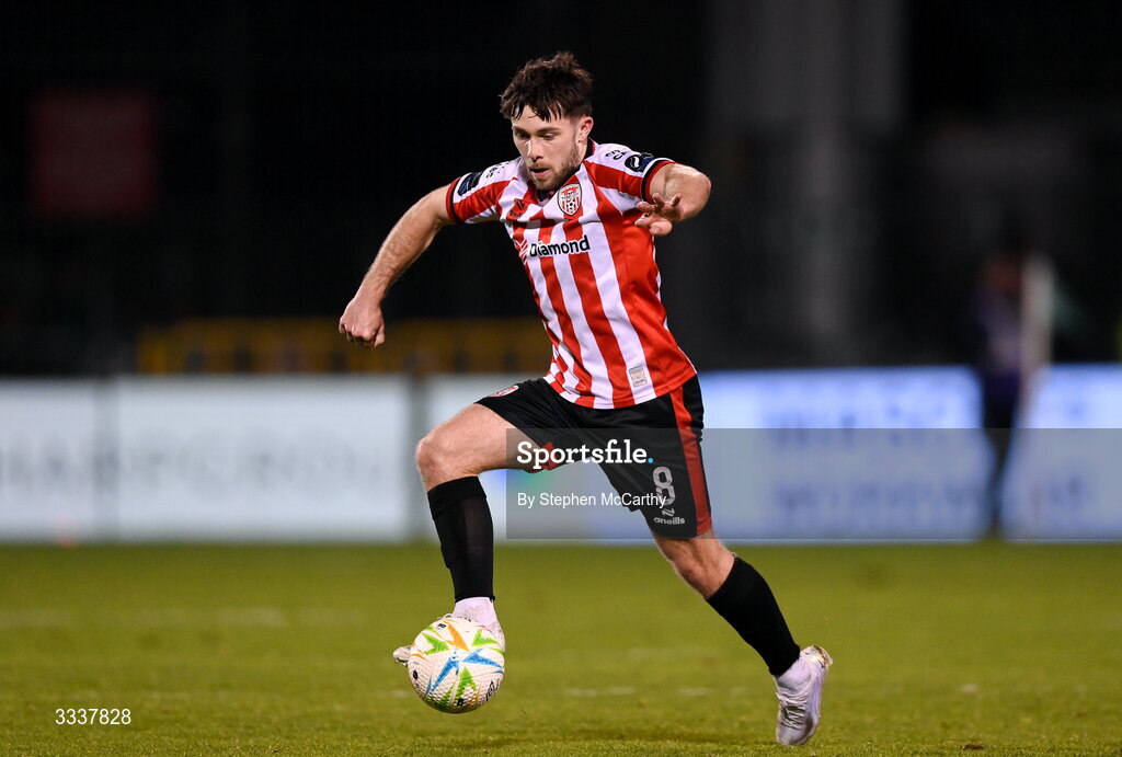31 January 2026; Adam O'Reilly of Derry City during the 2026 Men's President's Cup final match between Shamrock Rovers and Derry City at Tallaght Stadium in Dublin. Photo by Stephen McCarthy/Sportsfile
