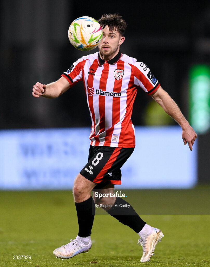 31 January 2026; Adam O'Reilly of Derry City during the 2026 Men's President's Cup final match between Shamrock Rovers and Derry City at Tallaght Stadium in Dublin. Photo by Stephen McCarthy/Sportsfile