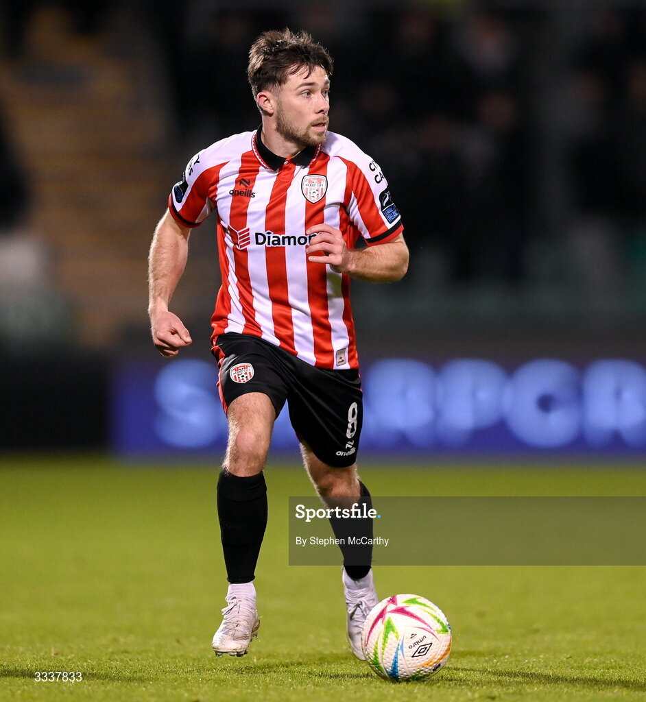 31 January 2026; Adam O'Reilly of Derry City during the 2026 Men's President's Cup final match between Shamrock Rovers and Derry City at Tallaght Stadium in Dublin. Photo by Stephen McCarthy/Sportsfile