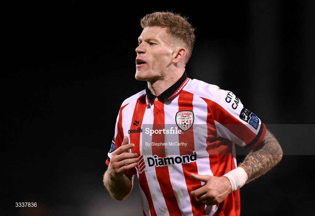 31 January 2026; James McClean of Derry City during the 2026 Men's President's Cup final match between Shamrock Rovers and Derry City at Tallaght Stadium in Dublin. Photo by Stephen McCarthy/Sportsfile
