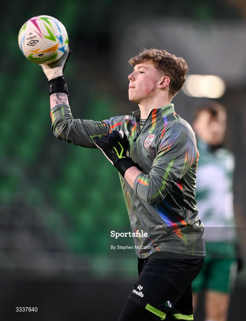 31 January 2026; Derry City triallist goalkeeper Shea Callister before the 2026 Men's President's Cup final match between Shamrock Rovers and Derry City at Tallaght Stadium in Dublin. Photo by Stephen McCarthy/Sportsfile