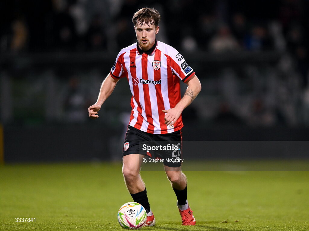 31 January 2026; Alex Bannon of Derry City during the 2026 Men's President's Cup final match between Shamrock Rovers and Derry City at Tallaght Stadium in Dublin. Photo by Stephen McCarthy/Sportsfile