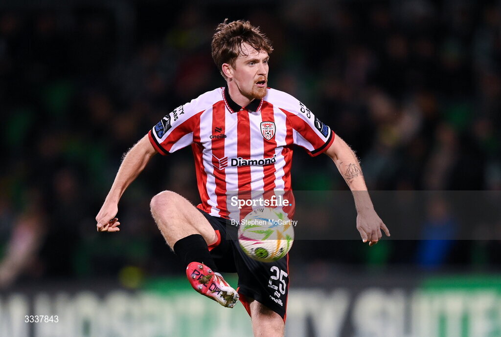 31 January 2026; Alex Bannon of Derry City during the 2026 Men's President's Cup final match between Shamrock Rovers and Derry City at Tallaght Stadium in Dublin. Photo by Stephen McCarthy/Sportsfile