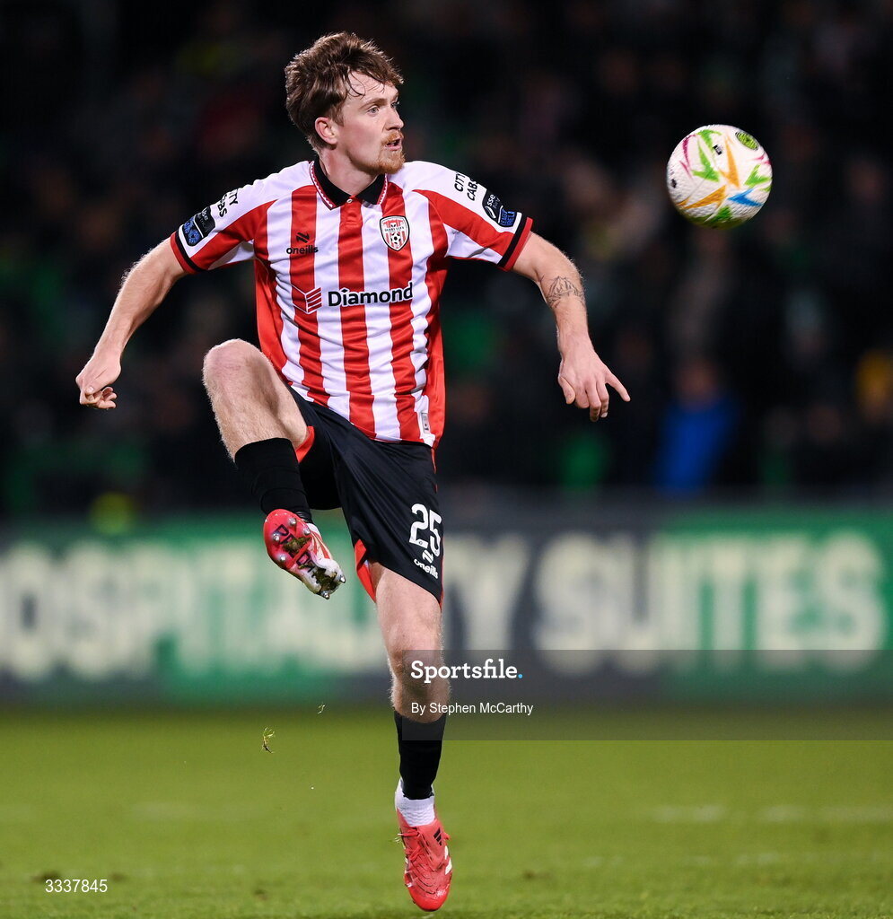 31 January 2026; Alex Bannon of Derry City during the 2026 Men's President's Cup final match between Shamrock Rovers and Derry City at Tallaght Stadium in Dublin. Photo by Stephen McCarthy/Sportsfile
