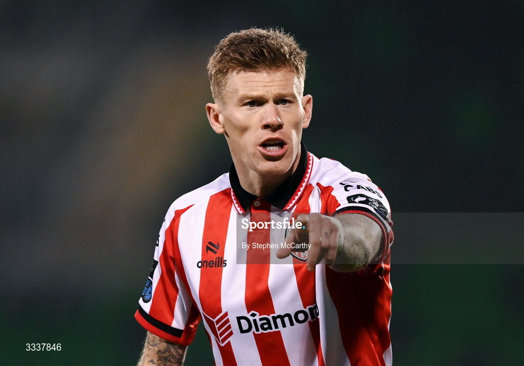 31 January 2026; James McClean of Derry City during the 2026 Men's President's Cup final match between Shamrock Rovers and Derry City at Tallaght Stadium in Dublin. Photo by Stephen McCarthy/Sportsfile