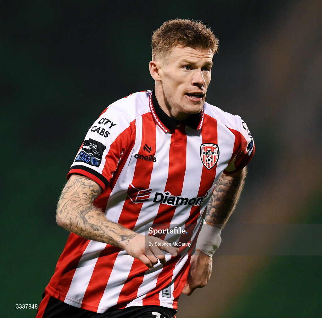 31 January 2026; James McClean of Derry City during the 2026 Men's President's Cup final match between Shamrock Rovers and Derry City at Tallaght Stadium in Dublin. Photo by Stephen McCarthy/Sportsfile
