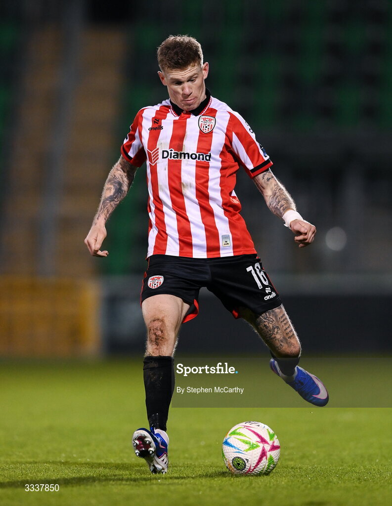 31 January 2026; James McClean of Derry City during the 2026 Men's President's Cup final match between Shamrock Rovers and Derry City at Tallaght Stadium in Dublin. Photo by Stephen McCarthy/Sportsfile