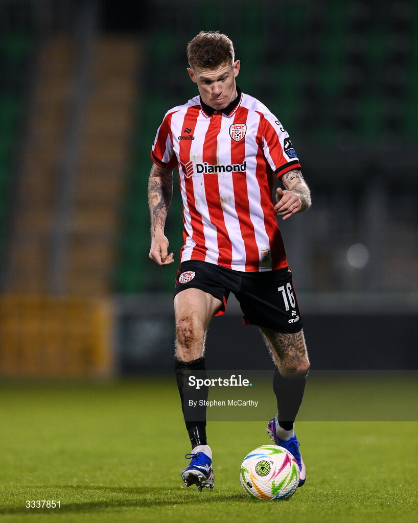 31 January 2026; James McClean of Derry City during the 2026 Men's President's Cup final match between Shamrock Rovers and Derry City at Tallaght Stadium in Dublin. Photo by Stephen McCarthy/Sportsfile