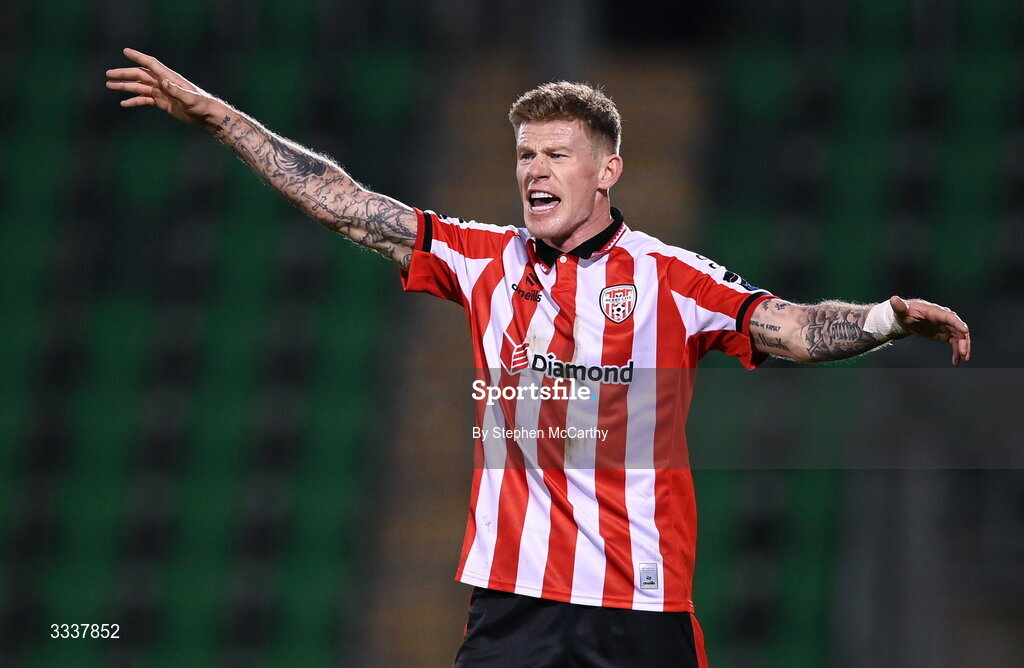 31 January 2026; James McClean of Derry City during the 2026 Men's President's Cup final match between Shamrock Rovers and Derry City at Tallaght Stadium in Dublin. Photo by Stephen McCarthy/Sportsfile