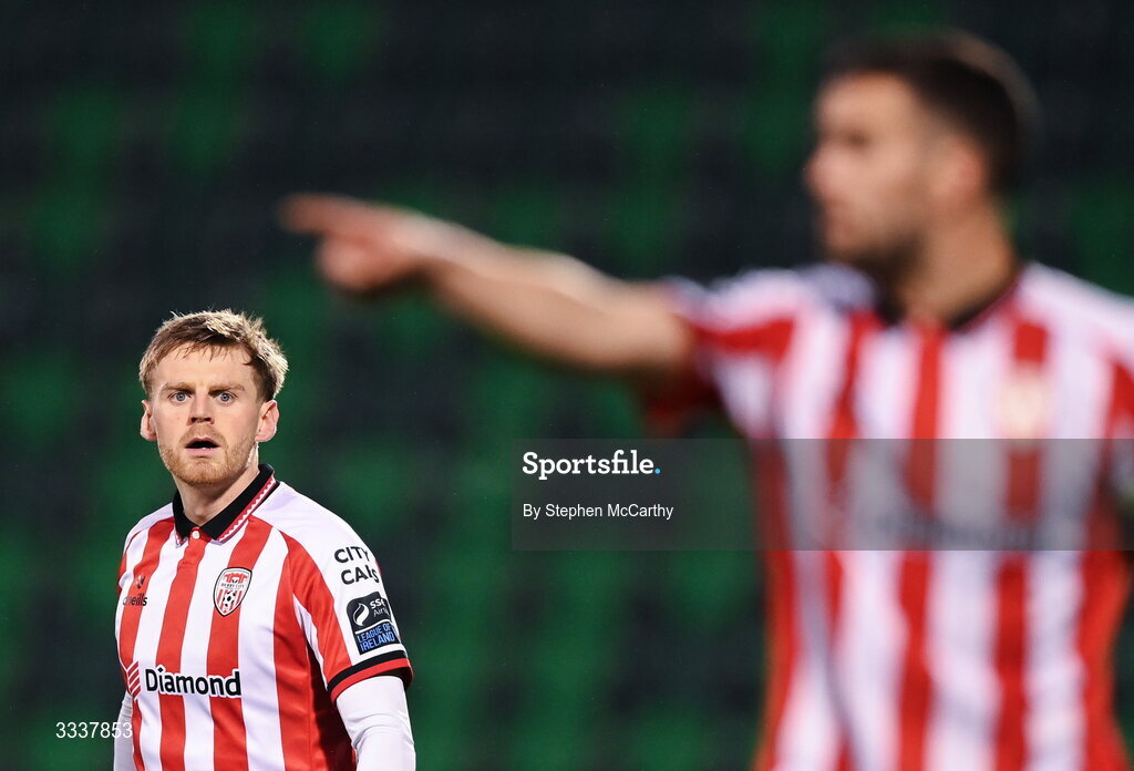 31 January 2026; Rob Slevin of Derry City during the 2026 Men's President's Cup final match between Shamrock Rovers and Derry City at Tallaght Stadium in Dublin. Photo by Stephen McCarthy/Sportsfile