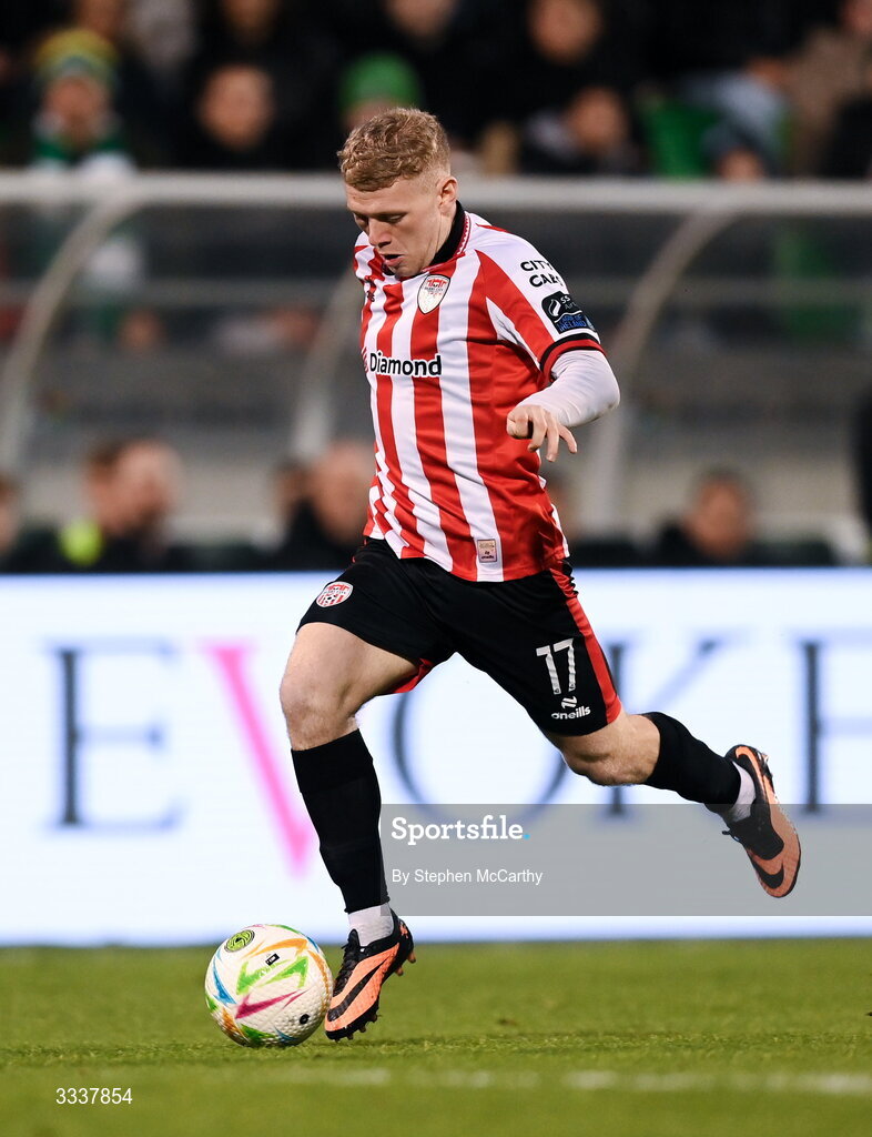 31 January 2026; Josh Thomas of Derry City during the 2026 Men's President's Cup final match between Shamrock Rovers and Derry City at Tallaght Stadium in Dublin. Photo by Stephen McCarthy/Sportsfile