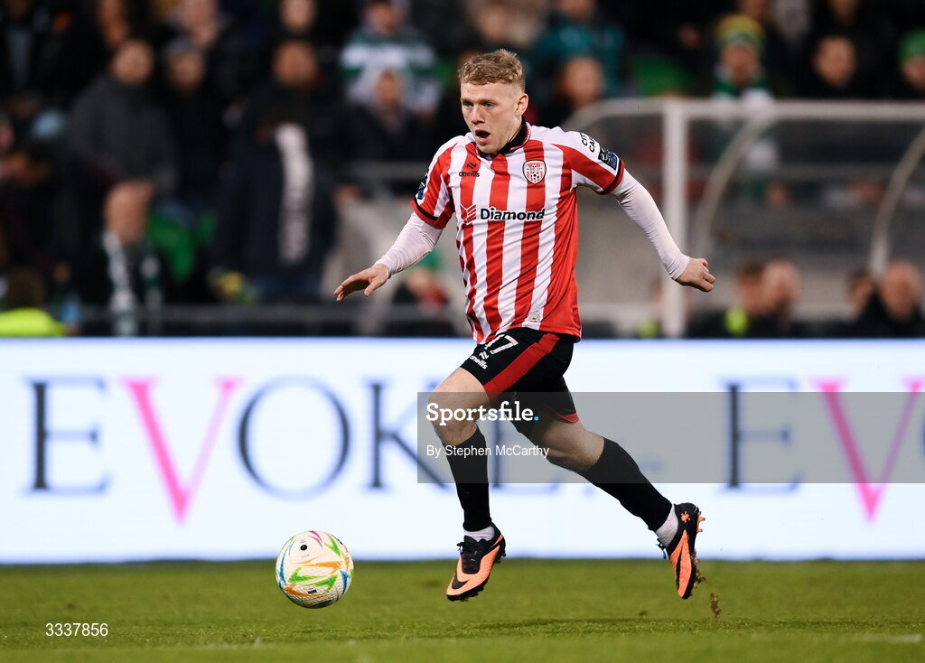 31 January 2026; Josh Thomas of Derry City during the 2026 Men's President's Cup final match between Shamrock Rovers and Derry City at Tallaght Stadium in Dublin. Photo by Stephen McCarthy/Sportsfile