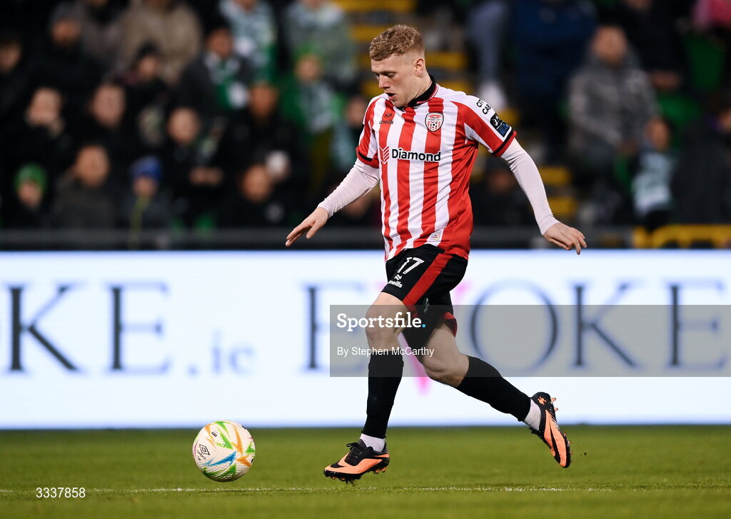 31 January 2026; Josh Thomas of Derry City during the 2026 Men's President's Cup final match between Shamrock Rovers and Derry City at Tallaght Stadium in Dublin. Photo by Stephen McCarthy/Sportsfile