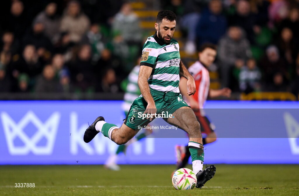 31 January 2026; Roberto Lopes of Shamrock Rovers during the 2026 Men's President's Cup final match between Shamrock Rovers and Derry City at Tallaght Stadium in Dublin. Photo by Stephen McCarthy/Sportsfile