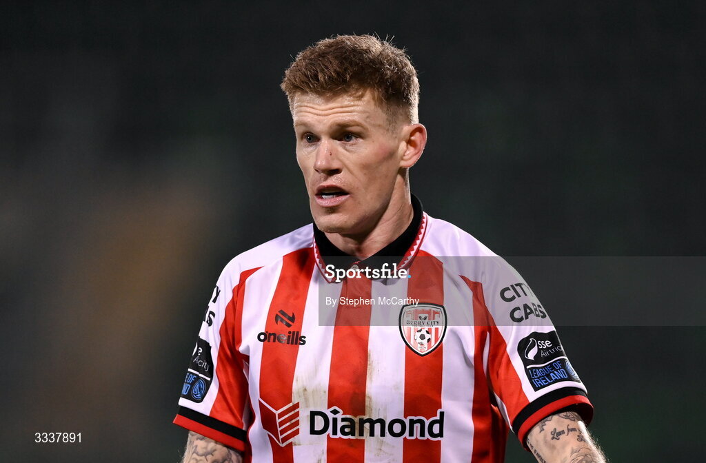 31 January 2026; James McClean of Derry City during the 2026 Men's President's Cup final match between Shamrock Rovers and Derry City at Tallaght Stadium in Dublin. Photo by Stephen McCarthy/Sportsfile