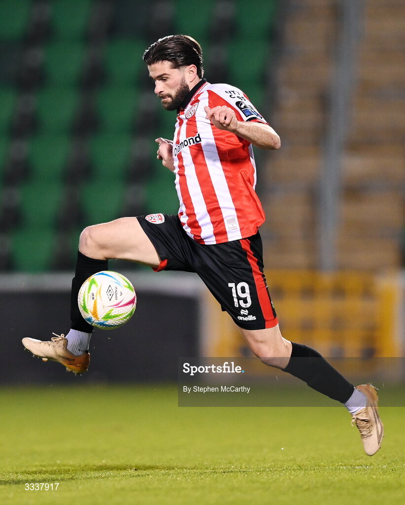 31 January 2026; Brandon Fleming of Derry City during the 2026 Men's President's Cup final match between Shamrock Rovers and Derry City at Tallaght Stadium in Dublin. Photo by Stephen McCarthy/Sportsfile