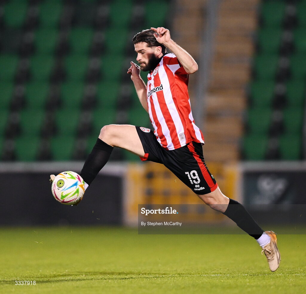 31 January 2026; Brandon Fleming of Derry City during the 2026 Men's President's Cup final match between Shamrock Rovers and Derry City at Tallaght Stadium in Dublin. Photo by Stephen McCarthy/Sportsfile