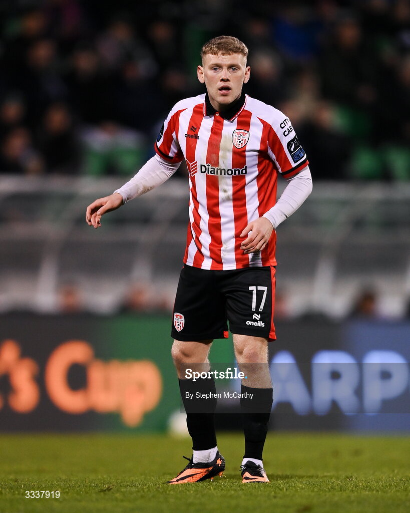31 January 2026; Josh Thomas of Derry City during the 2026 Men's President's Cup final match between Shamrock Rovers and Derry City at Tallaght Stadium in Dublin. Photo by Stephen McCarthy/Sportsfile