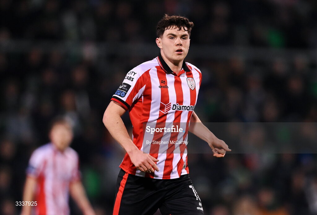 31 January 2026; James Clarke of Derry City during the 2026 Men's President's Cup final match between Shamrock Rovers and Derry City at Tallaght Stadium in Dublin. Photo by Stephen McCarthy/Sportsfile