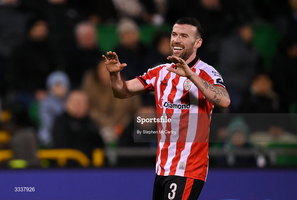 31 January 2026; Patrick McClean of Derry City celebrates after team-mate Darragh Markey, not pictured, scored their goal during the 2026 Men's President's Cup final match between Shamrock Rovers and Derry City at Tallaght Stadium in Dublin. Photo by Stephen McCarthy/Sportsfile