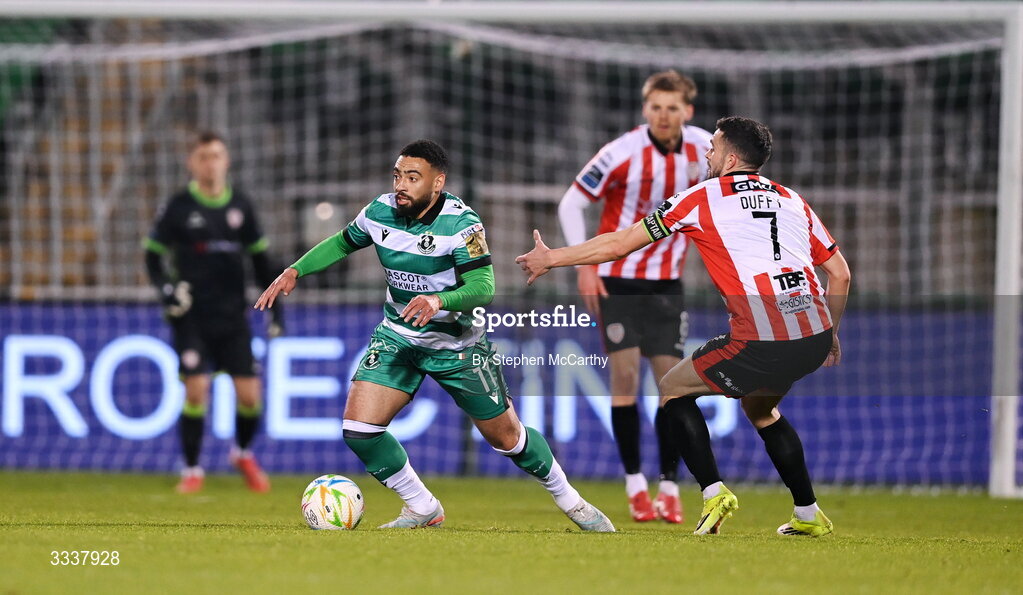 31 January 2026; Jake Mulraney of Shamrock Rovers during the 2026 Men's President's Cup final match between Shamrock Rovers and Derry City at Tallaght Stadium in Dublin. Photo by Stephen McCarthy/Sportsfile