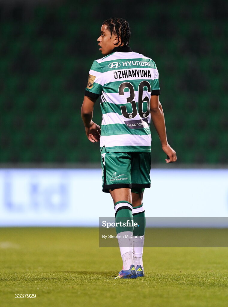 31 January 2026; Victor Ozhianvuna of Shamrock Rovers during the 2026 Men's President's Cup final match between Shamrock Rovers and Derry City at Tallaght Stadium in Dublin. Photo by Stephen McCarthy/Sportsfile