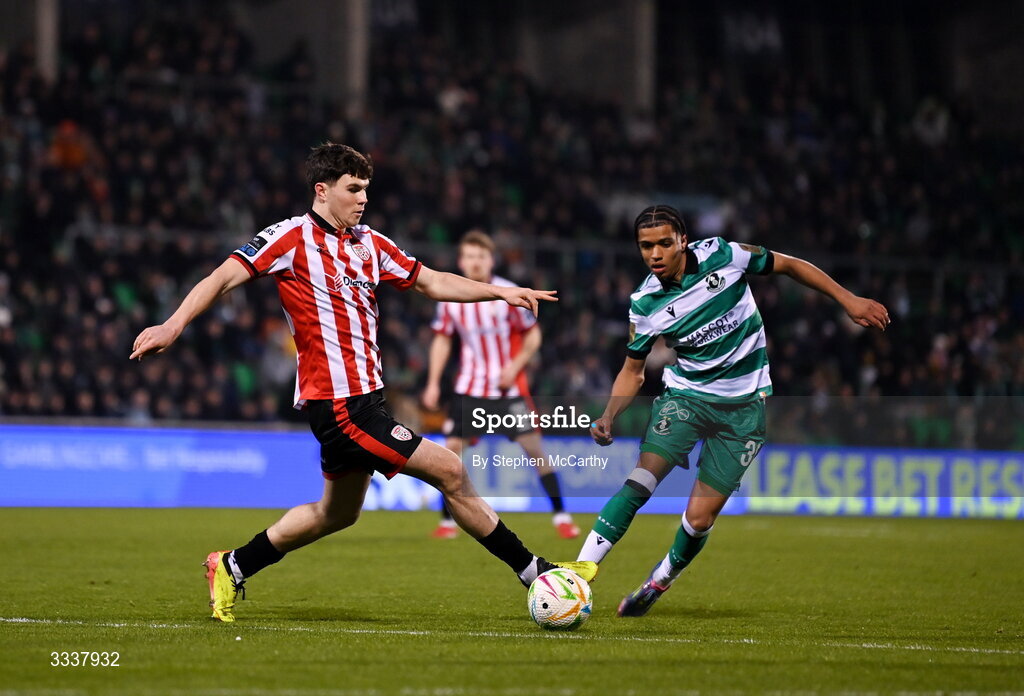 31 January 2026; James Clarke of Derry City in action against Victor Ozhianvuna of Shamrock Rovers during the 2026 Men's President's Cup final match between Shamrock Rovers and Derry City at Tallaght Stadium in Dublin. Photo by Stephen McCarthy/Sportsfile
