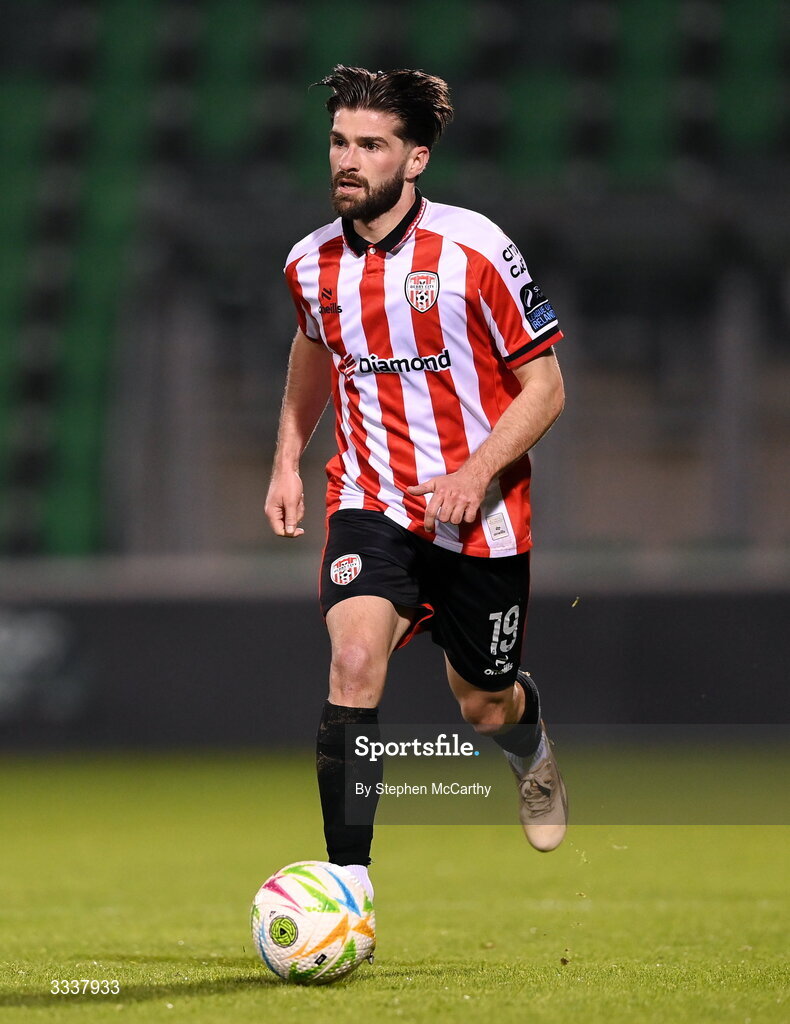 31 January 2026; Brandon Fleming of Derry City during the 2026 Men's President's Cup final match between Shamrock Rovers and Derry City at Tallaght Stadium in Dublin. Photo by Stephen McCarthy/Sportsfile