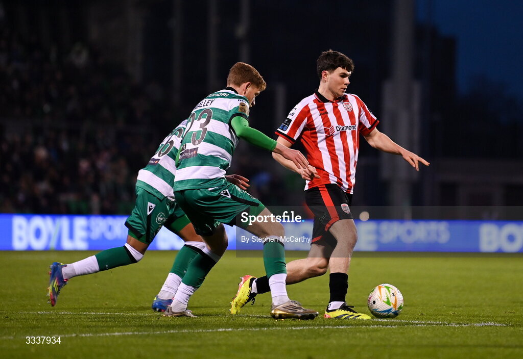 31 January 2026; James Clarke of Derry City during the 2026 Men's President's Cup final match between Shamrock Rovers and Derry City at Tallaght Stadium in Dublin. Photo by Stephen McCarthy/Sportsfile