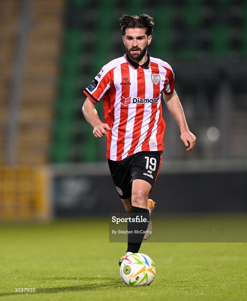 31 January 2026; Brandon Fleming of Derry City during the 2026 Men's President's Cup final match between Shamrock Rovers and Derry City at Tallaght Stadium in Dublin. Photo by Stephen McCarthy/Sportsfile
