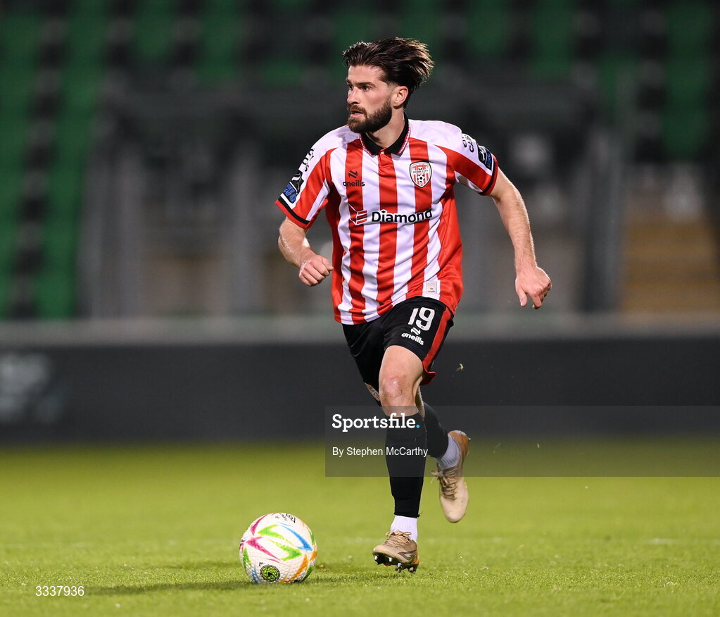 31 January 2026; Brandon Fleming of Derry City during the 2026 Men's President's Cup final match between Shamrock Rovers and Derry City at Tallaght Stadium in Dublin. Photo by Stephen McCarthy/Sportsfile