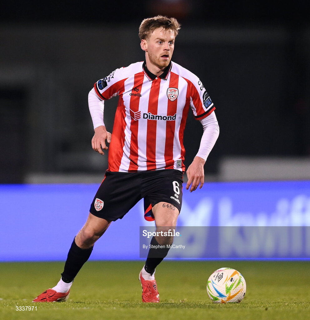 31 January 2026; Rob Slevin of Derry City during the 2026 Men's President's Cup final match between Shamrock Rovers and Derry City at Tallaght Stadium in Dublin. Photo by Stephen McCarthy/Sportsfile