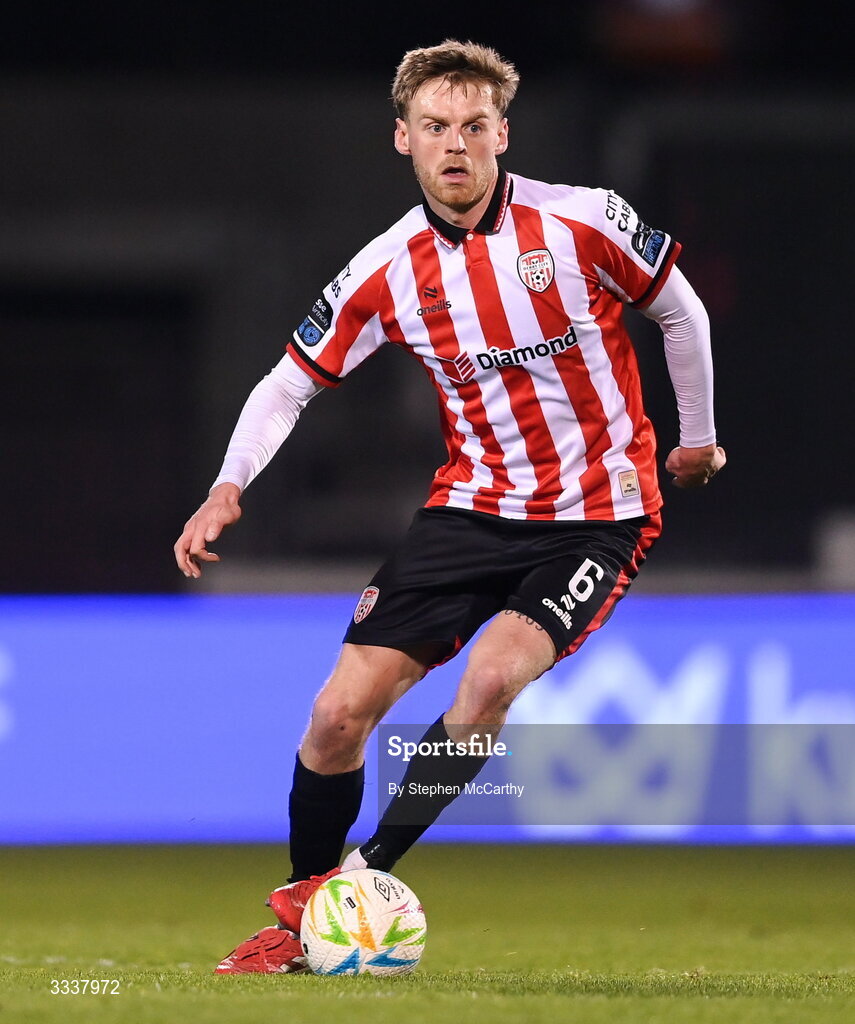 31 January 2026; Rob Slevin of Derry City during the 2026 Men's President's Cup final match between Shamrock Rovers and Derry City at Tallaght Stadium in Dublin. Photo by Stephen McCarthy/Sportsfile