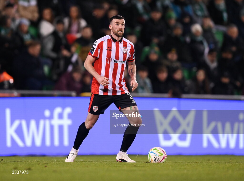 31 January 2026; Patrick McClean of Derry City during the 2026 Men's President's Cup final match between Shamrock Rovers and Derry City at Tallaght Stadium in Dublin. Photo by Stephen McCarthy/Sportsfile