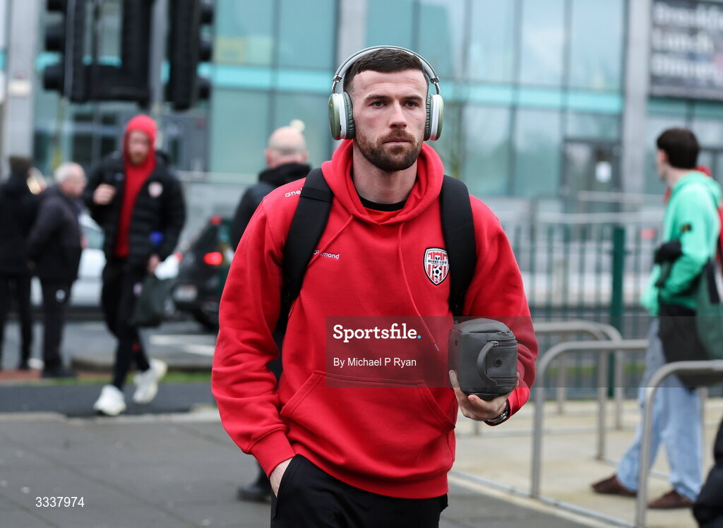 31 January 2026; Patrick McClean of Derry City arrives before the 2026 Men's President's Cup final match between Shamrock Rovers and Derry City at Tallaght Stadium in Dublin. Photo by Michael P Ryan/Sportsfile