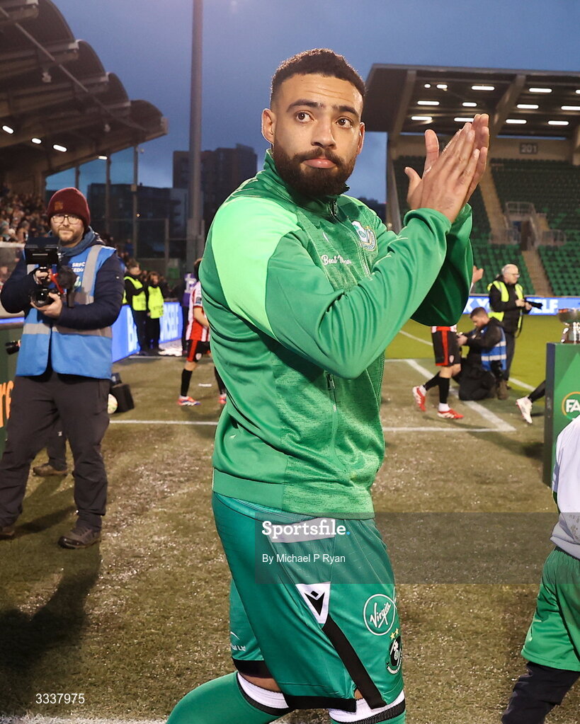 31 January 2026; Jake Mulraney of Shamrock Rovers walks out before the 2026 Men's President's Cup final match between Shamrock Rovers and Derry City at Tallaght Stadium in Dublin. Photo by Michael P Ryan/Sportsfile