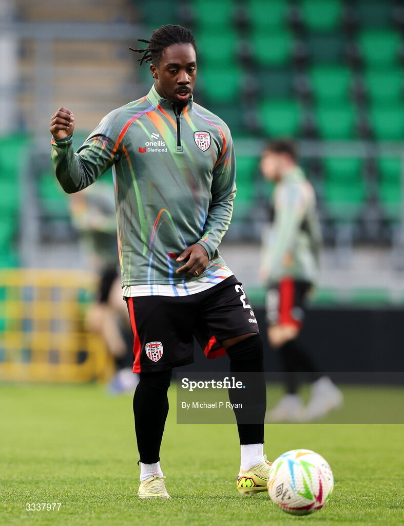 31 January 2026; Kevin dos Santos of Derry City before the 2026 Men's President's Cup final match between Shamrock Rovers and Derry City at Tallaght Stadium in Dublin. Photo by Michael P Ryan/Sportsfile