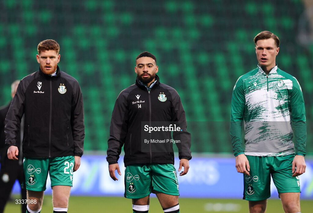 31 January 2026; Shamrock Rovers players, from left, Connor Malley, Jake Mulraney, and Daniel Cleary before the 2026 Men's President's Cup final match between Shamrock Rovers and Derry City at Tallaght Stadium in Dublin. Photo by Michael P Ryan/Sportsfile