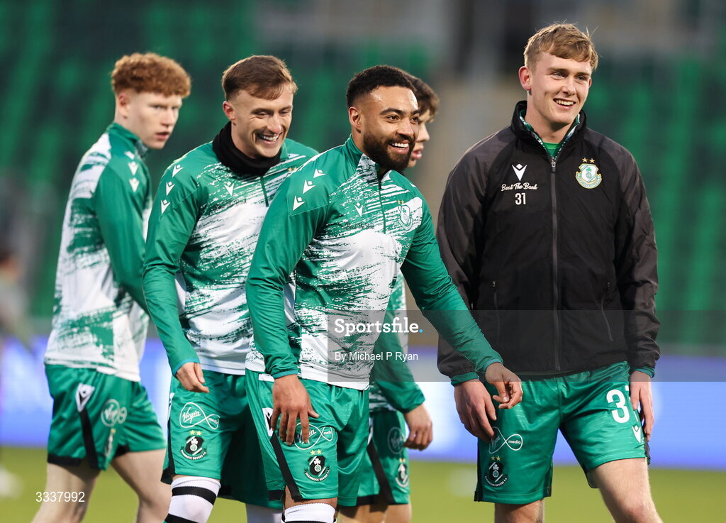 31 January 2026; Shamrock Rovers players, from left, Adam Brennan, Danny Grant, Jake Mulraney, and Michael Noonan before the 2026 Men's President's Cup final match between Shamrock Rovers and Derry City at Tallaght Stadium in Dublin. Photo by Michael P Ryan/Sportsfile