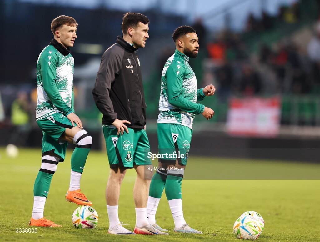 31 January 2026; Shamrock Rovers players, from left, Danny Grant, Aaron Greene, and Jake Mulraney before the 2026 Men's President's Cup final match between Shamrock Rovers and Derry City at Tallaght Stadium in Dublin. Photo by Michael P Ryan/Sportsfile