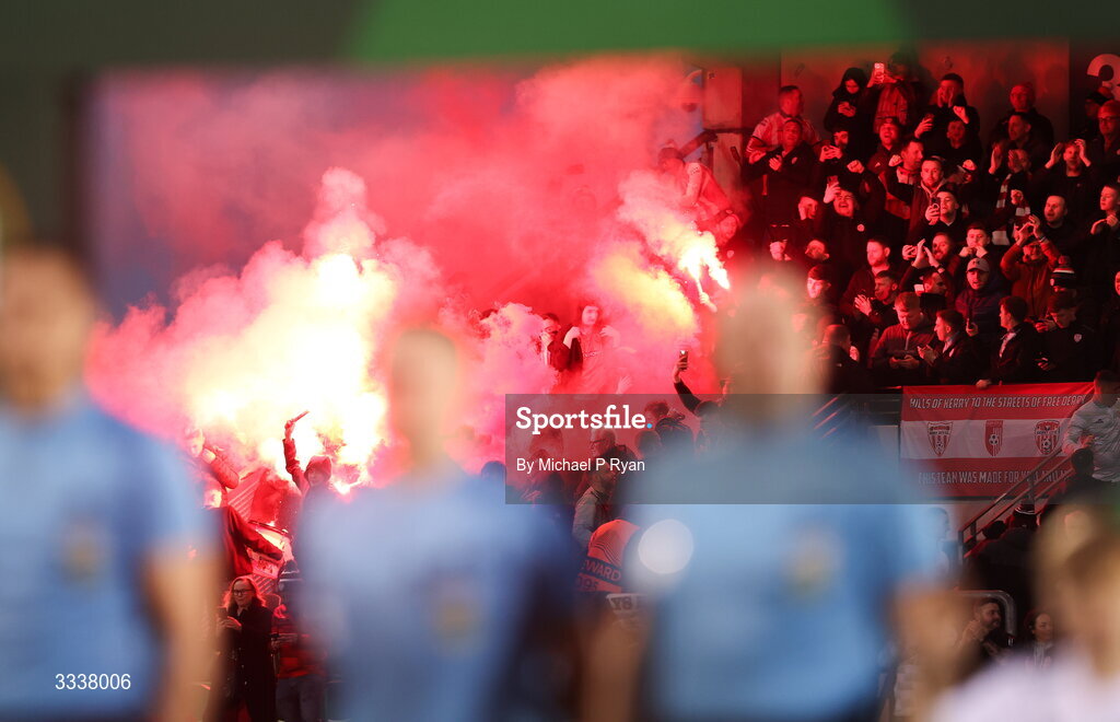 31 January 2026; Derry City supporters before the 2026 Men's President's Cup final match between Shamrock Rovers and Derry City at Tallaght Stadium in Dublin. Photo by Michael P Ryan/Sportsfile
