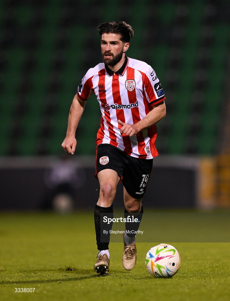 31 January 2026; Alex Bannon of Derry City during the 2026 Men's President's Cup final match between Shamrock Rovers and Derry City at Tallaght Stadium in Dublin. Photo by Stephen McCarthy/Sportsfile