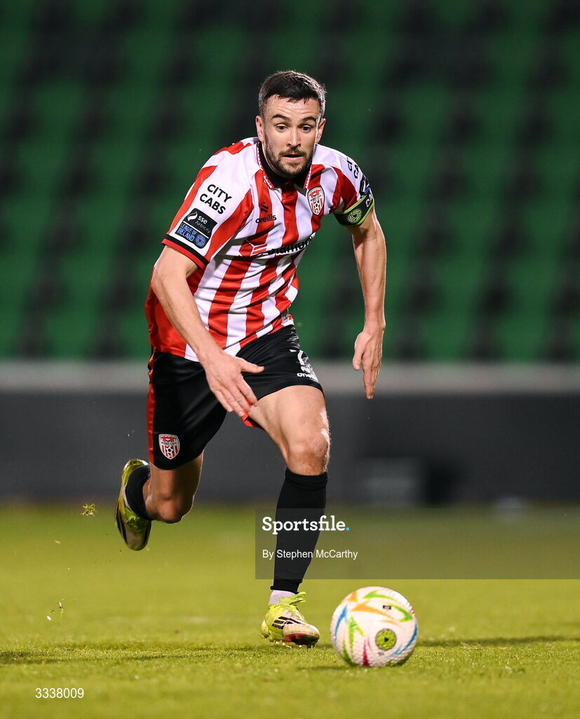 31 January 2026; Michael Duffy of Derry City during the 2026 Men's President's Cup final match between Shamrock Rovers and Derry City at Tallaght Stadium in Dublin. Photo by Stephen McCarthy/Sportsfile