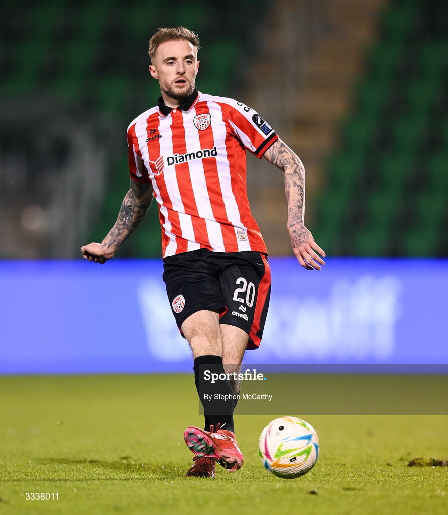 31 January 2026; Carl Winchester of Derry City during the 2026 Men's President's Cup final match between Shamrock Rovers and Derry City at Tallaght Stadium in Dublin. Photo by Stephen McCarthy/Sportsfile