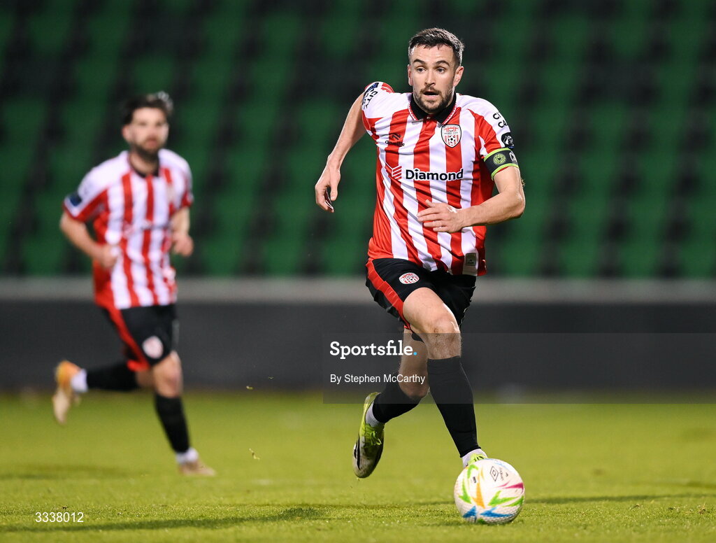 31 January 2026; Michael Duffy of Derry City during the 2026 Men's President's Cup final match between Shamrock Rovers and Derry City at Tallaght Stadium in Dublin. Photo by Stephen McCarthy/Sportsfile