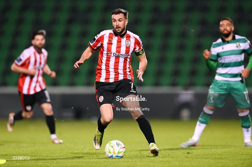 31 January 2026; Michael Duffy of Derry City during the 2026 Men's President's Cup final match between Shamrock Rovers and Derry City at Tallaght Stadium in Dublin. Photo by Stephen McCarthy/Sportsfile