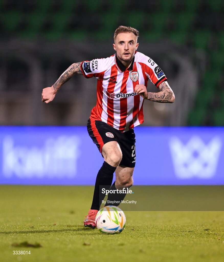 31 January 2026; Carl Winchester of Derry City during the 2026 Men's President's Cup final match between Shamrock Rovers and Derry City at Tallaght Stadium in Dublin. Photo by Stephen McCarthy/Sportsfile