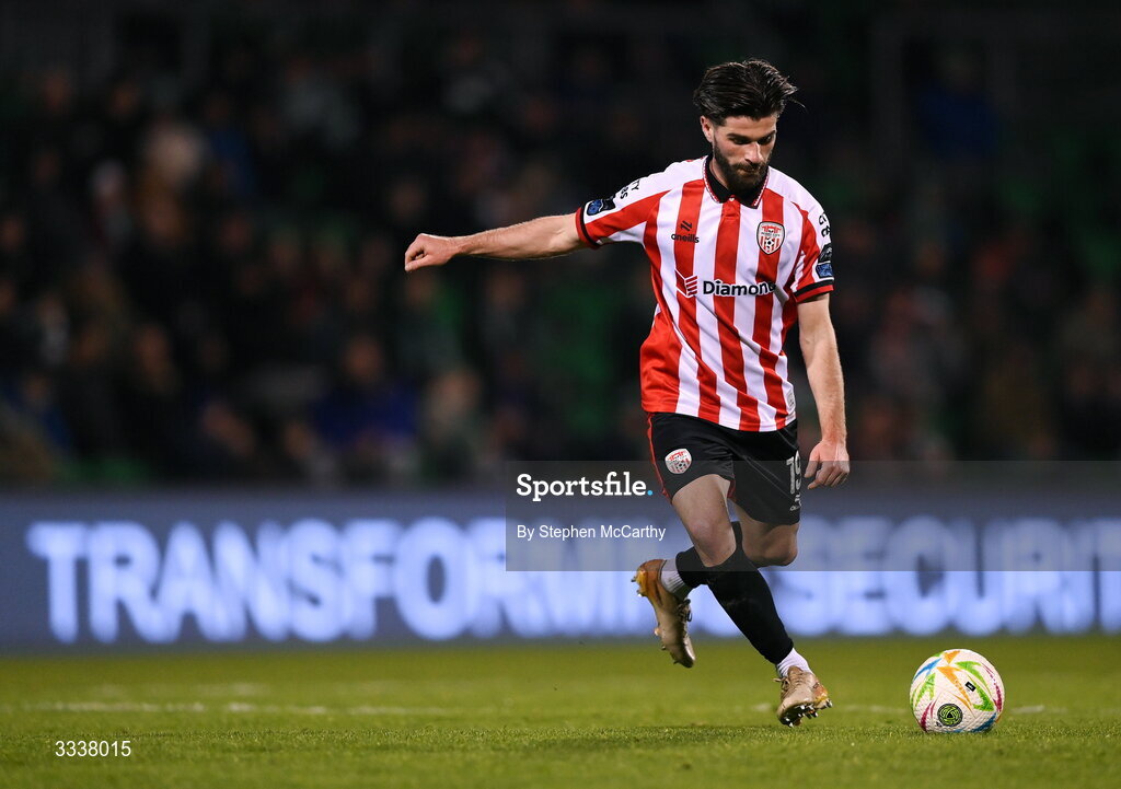 31 January 2026; Alex Bannon of Derry City during the 2026 Men's President's Cup final match between Shamrock Rovers and Derry City at Tallaght Stadium in Dublin. Photo by Stephen McCarthy/Sportsfile